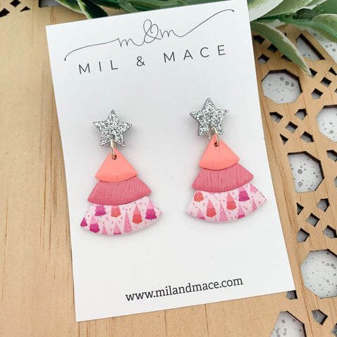 Layered Coral and Pink Christmas Trees  Polymer Clay Dangle Earrings