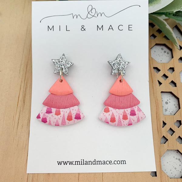 Layered Coral and Pink Christmas Trees  Polymer Clay Dangle Earrings