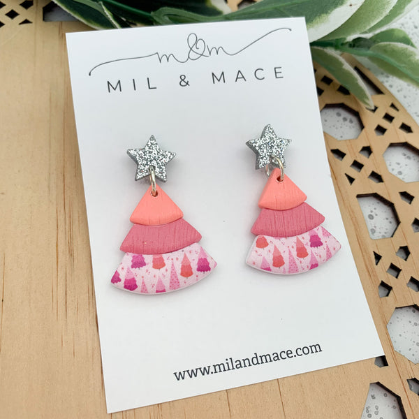Layered Coral and Pink Christmas Trees  Polymer Clay Dangle Earrings
