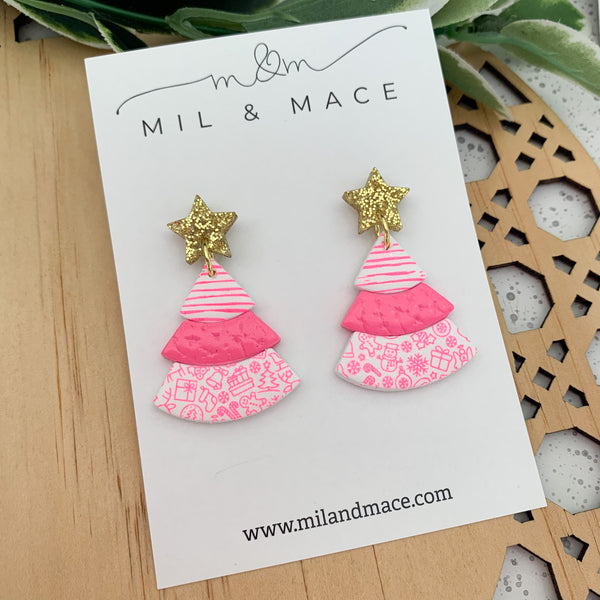 Layered Hot Pink Christmas Trees  Polymer Clay Dangle Earrings
