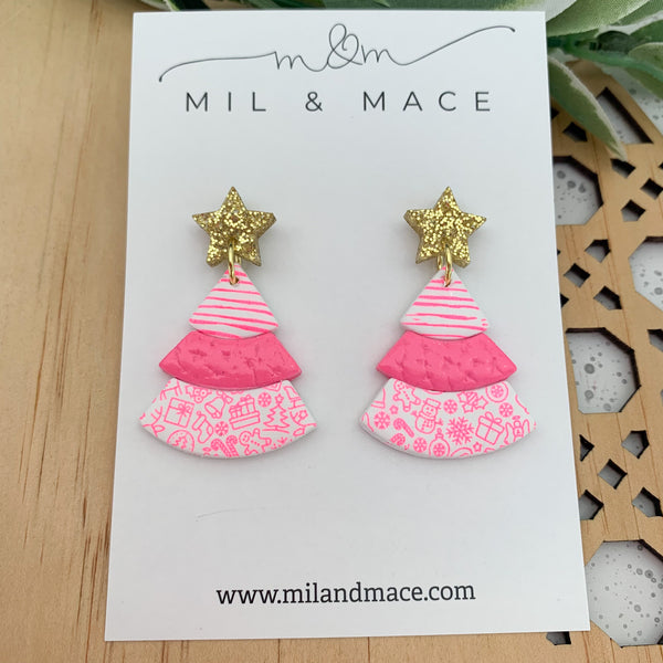 Layered Hot Pink Christmas Trees  Polymer Clay Dangle Earrings