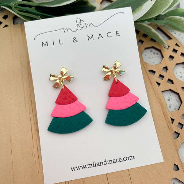 Layered Pink, Red and Green Christmas Trees  Polymer Clay Dangle Earrings