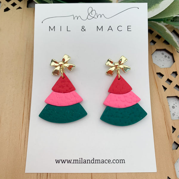 Layered Pink, Red and Green Christmas Trees  Polymer Clay Dangle Earrings