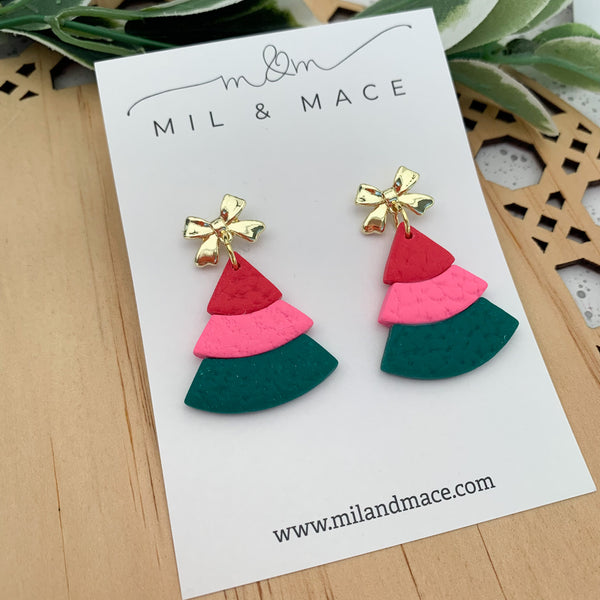 Layered Pink, Red and Green Christmas Trees  Polymer Clay Dangle Earrings