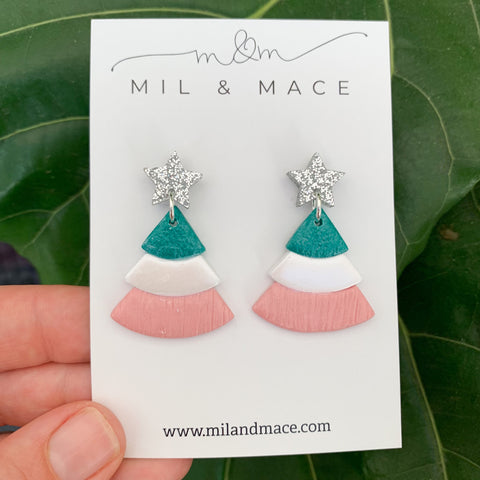 Layered Pastel Christmas Trees  Polymer Clay Dangle Earrings
