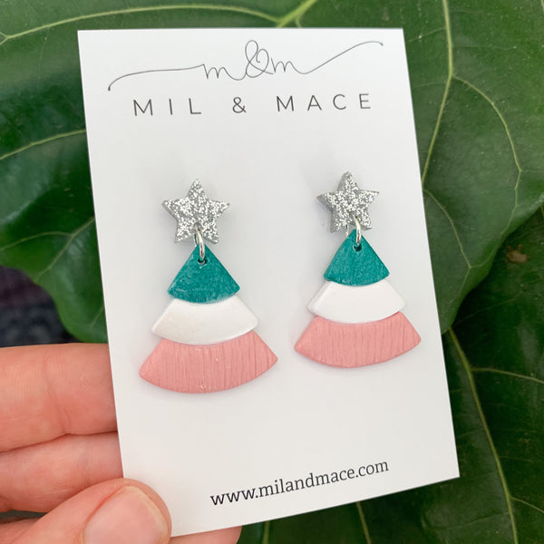 Layered Pastel Christmas Trees  Polymer Clay Dangle Earrings