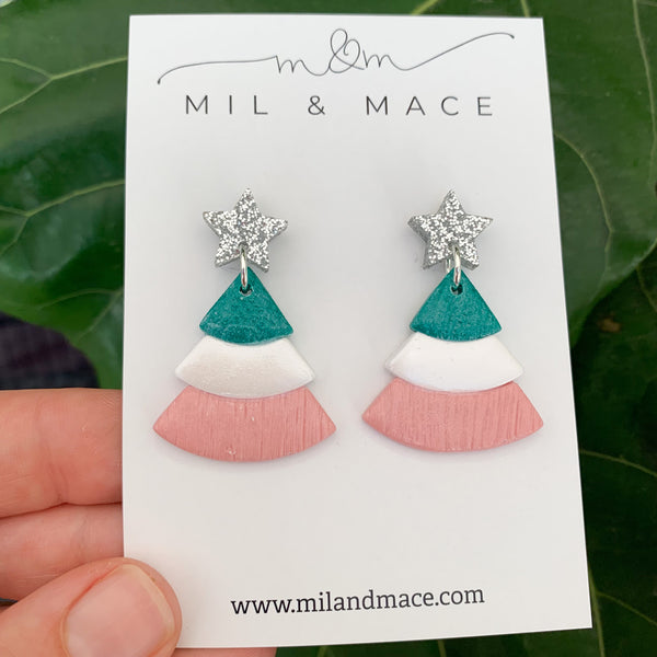 Layered Pastel Christmas Trees  Polymer Clay Dangle Earrings