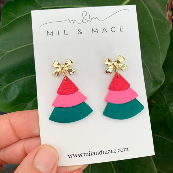 Layered Pink, Red and Green Christmas Trees  Polymer Clay Dangle Earrings