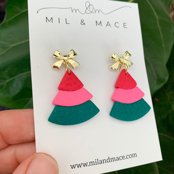 Layered Pink, Red and Green Christmas Trees  Polymer Clay Dangle Earrings