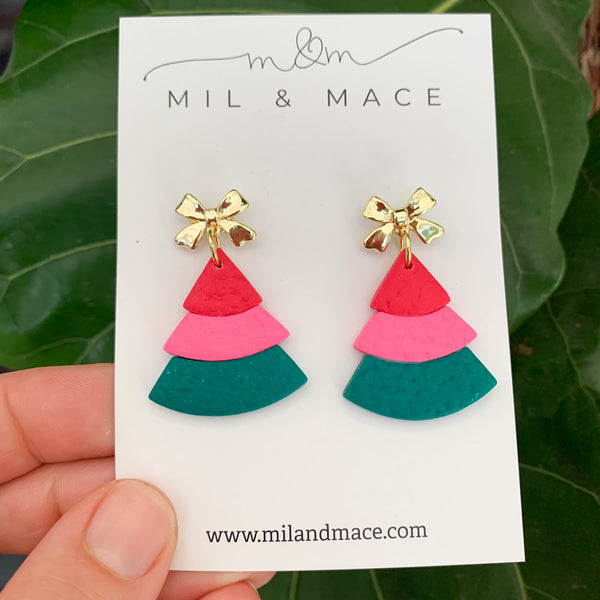 Layered Pink, Red and Green Christmas Trees  Polymer Clay Dangle Earrings