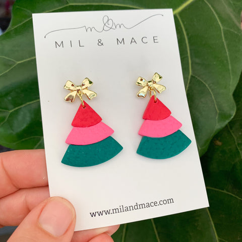 Layered Pink, Red and Green Christmas Trees  Polymer Clay Dangle Earrings