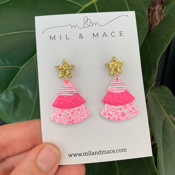 Layered Hot Pink Christmas Trees  Polymer Clay Dangle Earrings