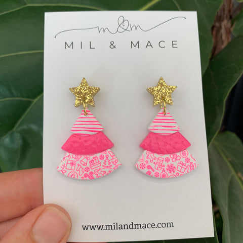 Layered Hot Pink Christmas Trees  Polymer Clay Dangle Earrings