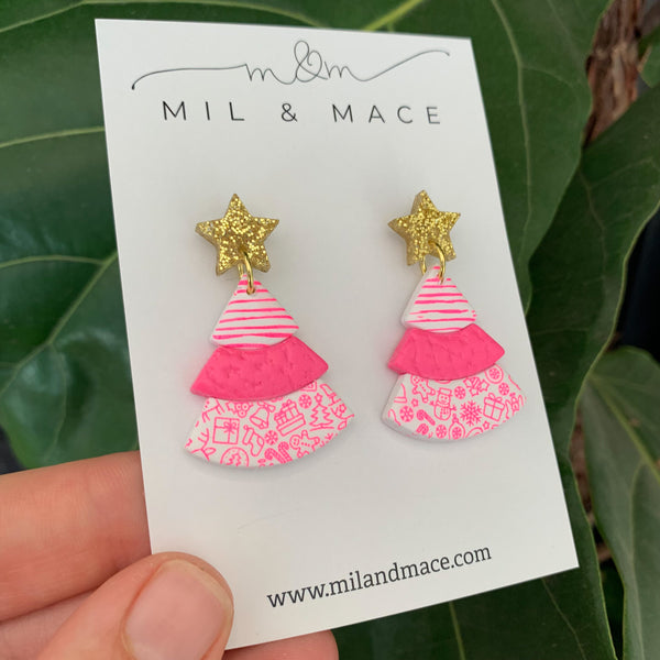 Layered Hot Pink Christmas Trees  Polymer Clay Dangle Earrings
