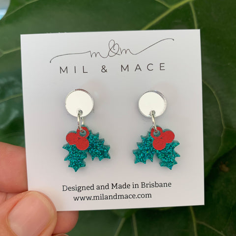 Christmas Holly Mini 17mm Acrylic Dangle Earrings