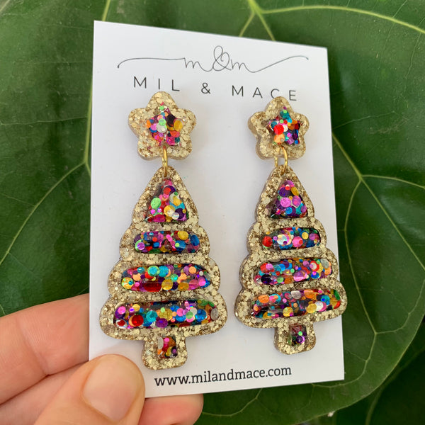 Christmas Bubble Tree Gold Resin Dangle Earrings