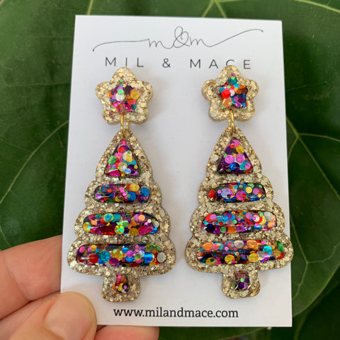 Christmas Bubble Tree Gold Resin Dangle Earrings
