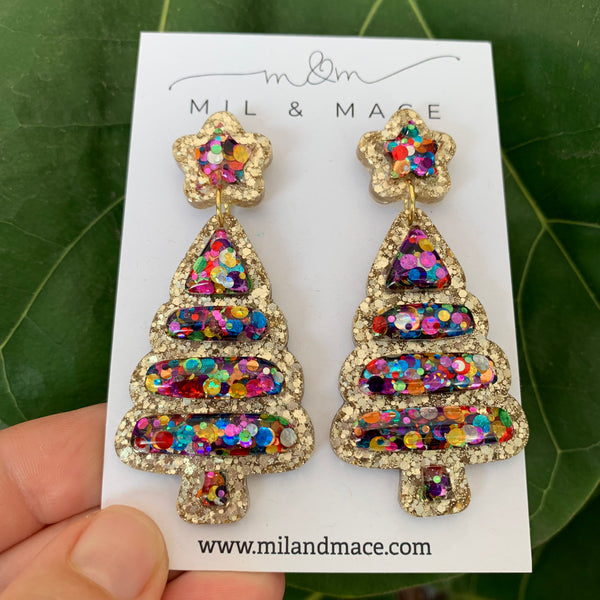 Christmas Bubble Tree Gold Resin Dangle Earrings