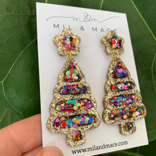 Christmas Bubble Tree Gold Resin Dangle Earrings