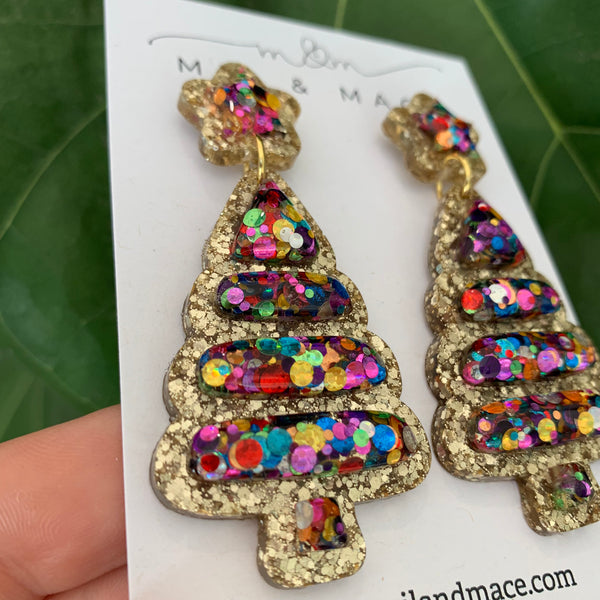 Christmas Bubble Tree Gold Resin Dangle Earrings
