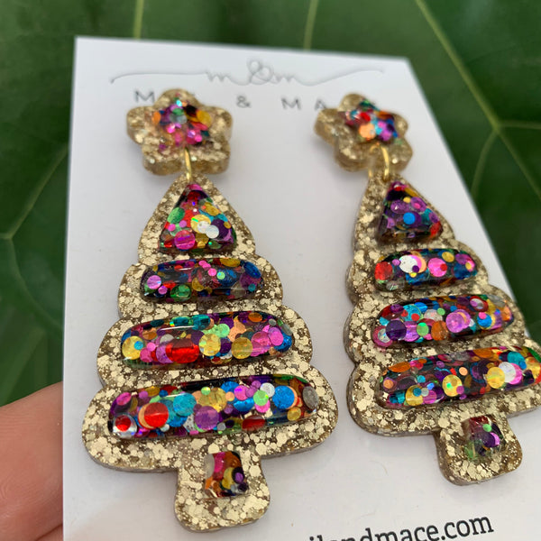 Christmas Bubble Tree Gold Resin Dangle Earrings