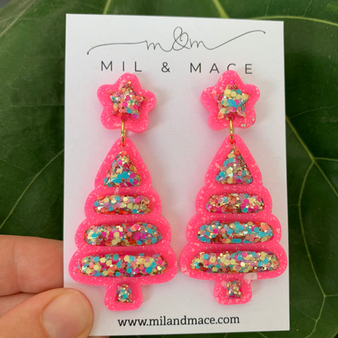 Christmas Bubble Tree Pink Resin Dangle Earrings