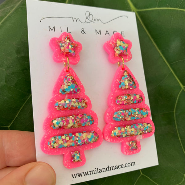 Christmas Bubble Tree Pink Resin Dangle Earrings