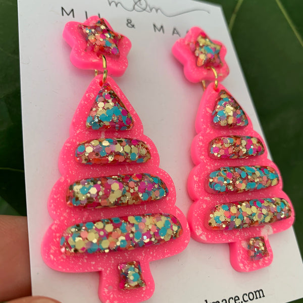 Christmas Bubble Tree Pink Resin Dangle Earrings