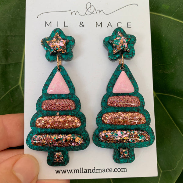 Christmas Bubble Tree Green Resin Dangle Earrings