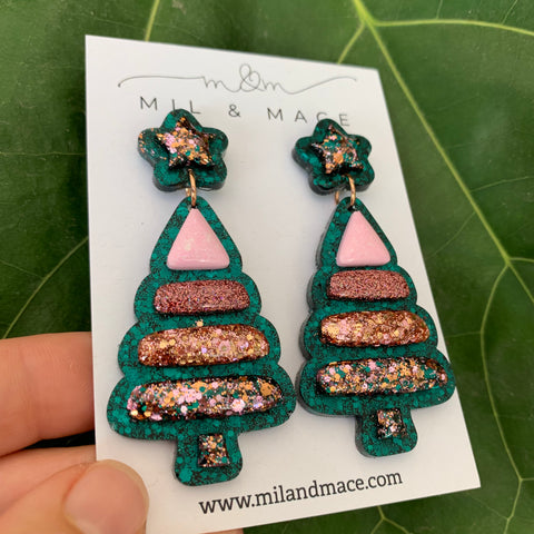 Christmas Bubble Tree Green Resin Dangle Earrings