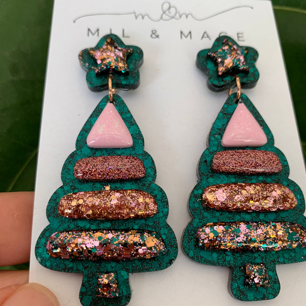 Christmas Bubble Tree Green Resin Dangle Earrings