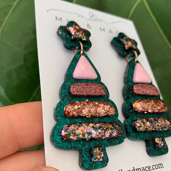 Christmas Bubble Tree Green Resin Dangle Earrings