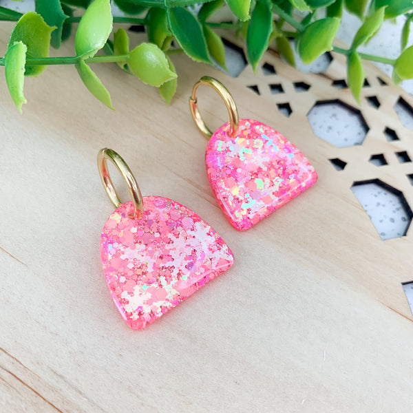 Arches Fluoro Pink Resin Huggie Dangle Earrings