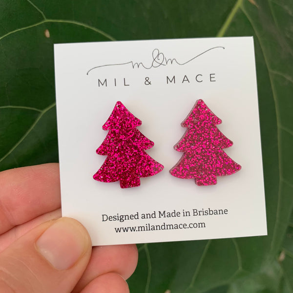 27mm Christmas Tree Silver Acrylic Stud Earrings
