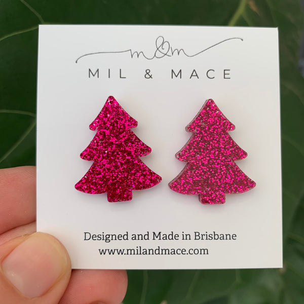 27mm Christmas Tree Silver Acrylic Stud Earrings
