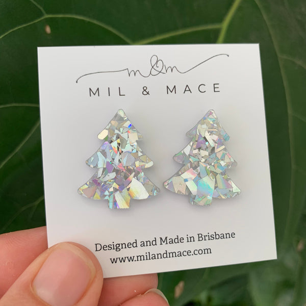 27mm Christmas Tree Silver Acrylic Stud Earrings