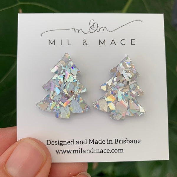 27mm Christmas Tree Silver Acrylic Stud Earrings