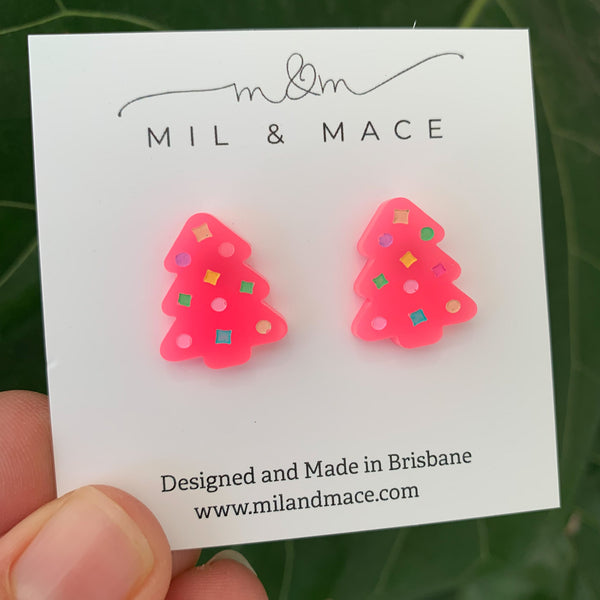 Christmas Trees Mini Neon pink 20mm Acrylic Stud Earrings