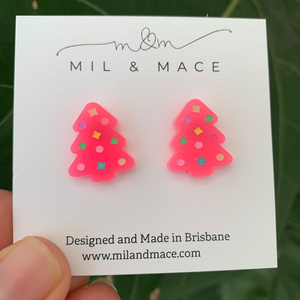 Christmas Trees Mini Neon pink 20mm Acrylic Stud Earrings