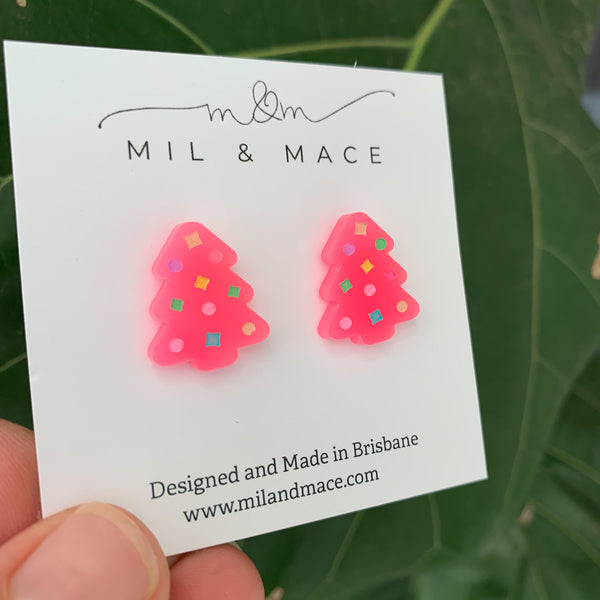 Christmas Trees Mini Neon pink 20mm Acrylic Stud Earrings