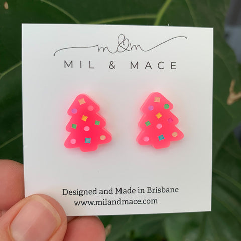 Christmas Trees Mini Neon pink 20mm Acrylic Stud Earrings