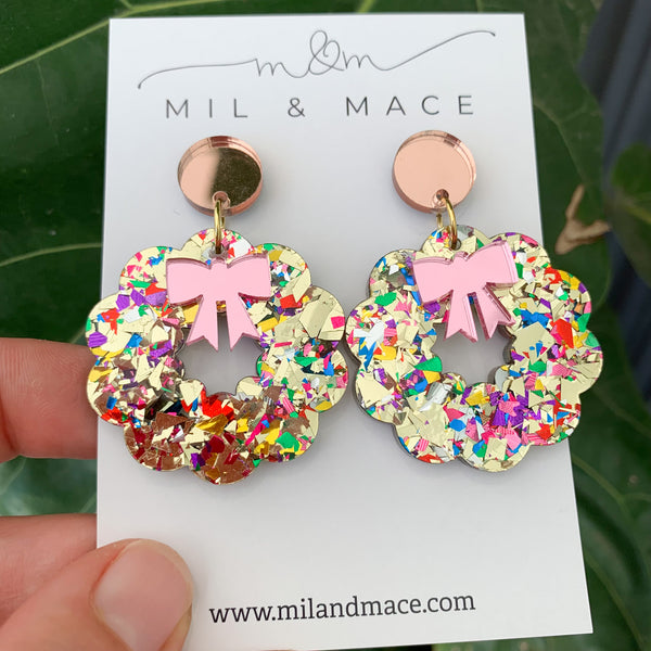 Christmas Wreath Acrylic Dangle Earrings