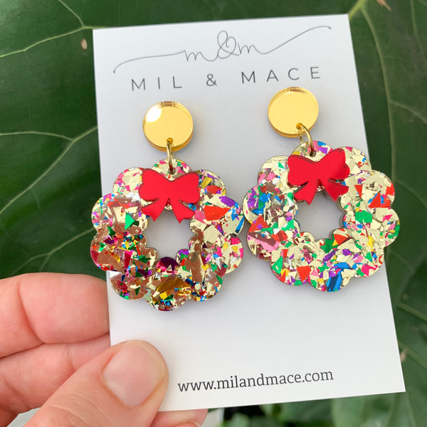 Christmas Wreath Acrylic Dangle Earrings
