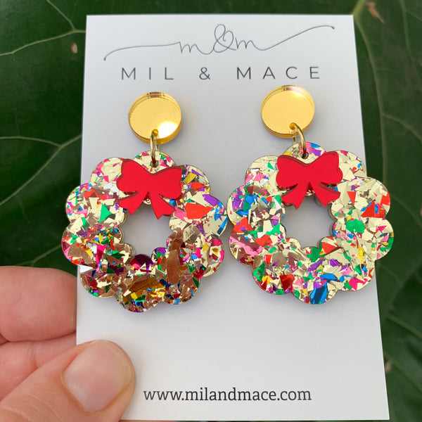 Christmas Wreath Acrylic Dangle Earrings