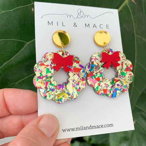 Christmas Wreath Acrylic Dangle Earrings