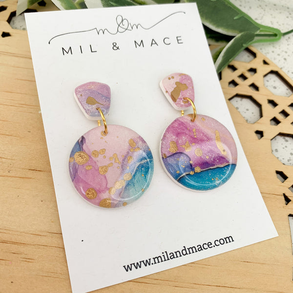 Watercolour Teal and Purple Polymer Clay and Resin Dangle Earrings