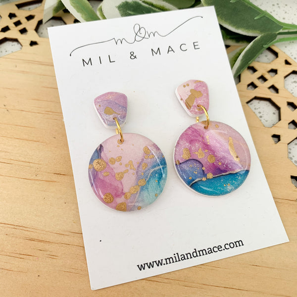 Watercolour Teal and Purple Polymer Clay and Resin Dangle Earrings