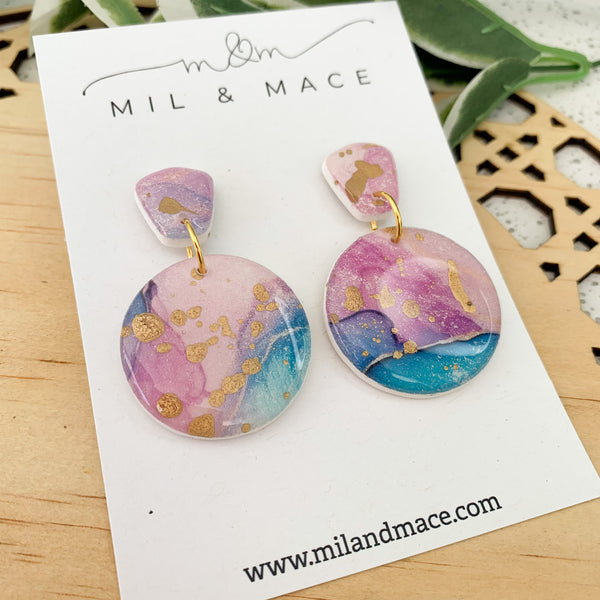 Watercolour Teal and Purple Polymer Clay and Resin Dangle Earrings