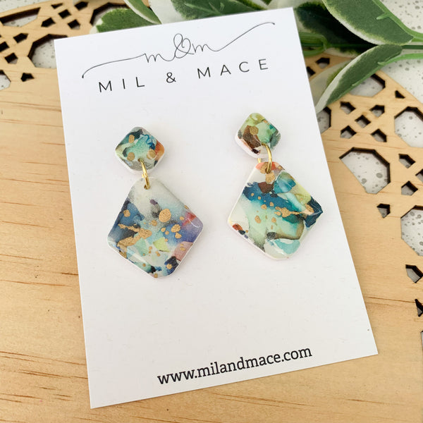 Watercolour Mix Polymer Clay and Resin Dangle Earrings