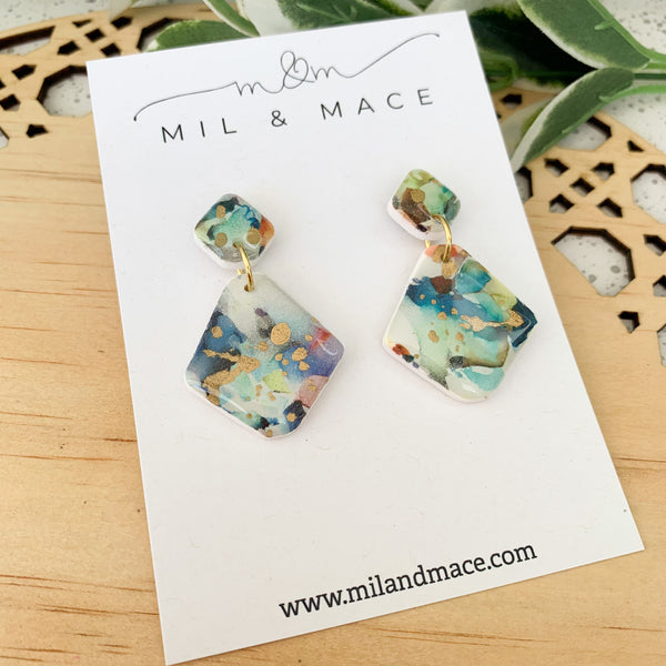 Watercolour Mix Polymer Clay and Resin Dangle Earrings